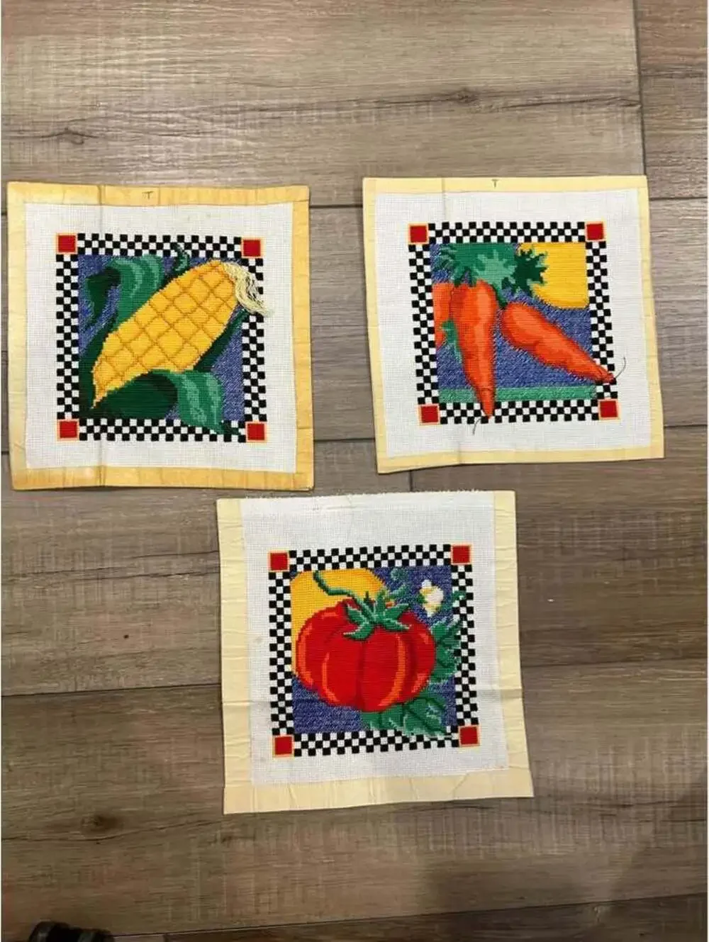 Set of 3 Vintage Vegetable Cross stitch Squares